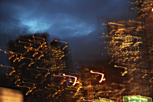 Abstract city, stormy,  buildings, lights, freeway signs, downtown Seattle, Washington, USA by Wonderlane