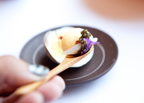 Spoon of the little neck clam with butternut squash, chorizo and caviar