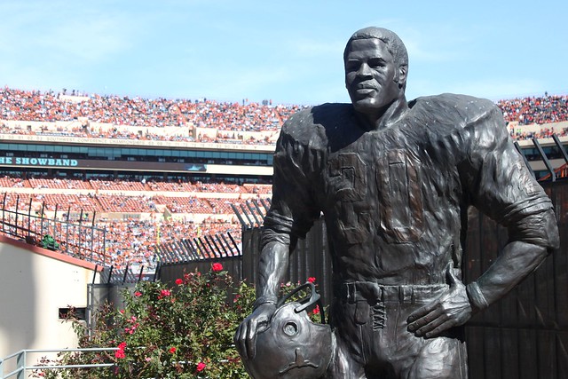 The statue of football great (and Texas alumni) Earl Campbell at Darrell K Royal Stadium