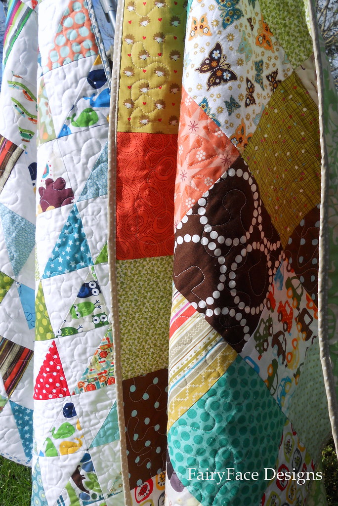 Frogs and Snails and Autumn Baby quilt together hanging