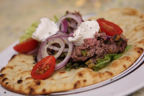 Grilled Venison Kebabs with Harissa and Greek Yogurt on Naan
