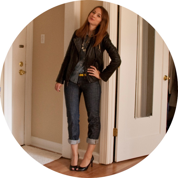 dash dot dotty, outfit blog, ideas, how to wear, leather jacket, black, denim, citizens of humanity, chambray, heels