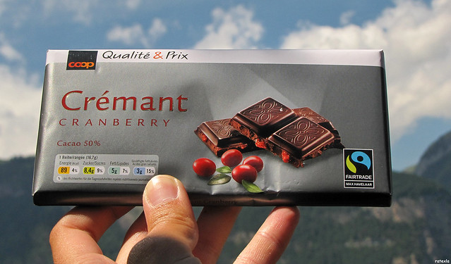 20110615_14 Fairtrade vegan chocolate - dark, with cranberries. Found at Coop in Arth-Goldau, Switzerland.