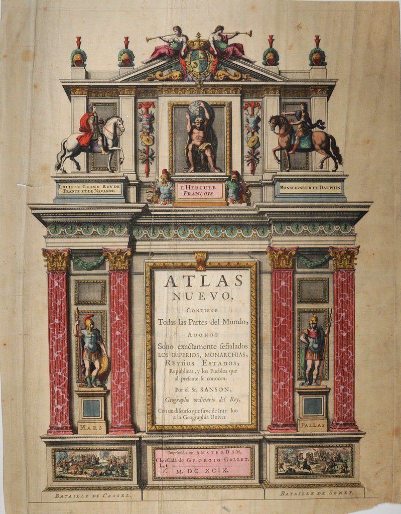 painted Spanish atlas titlepage with classical statue strewn pseudo-fireplace mantle design