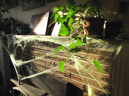 green spiderwebs on the fireplace