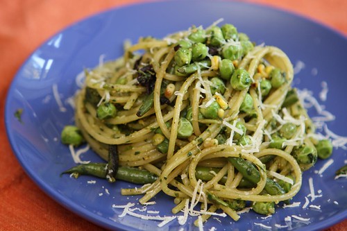 Spaghetti with Grilled Vegetables, Fresh Peas, and Pesto