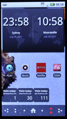 My Droid2Global, with a frankly pretty boring screen of widgets. But still, I can swipe, glance and tell time in a couple places when brain addled. Why swipe, find, click, wait then read?