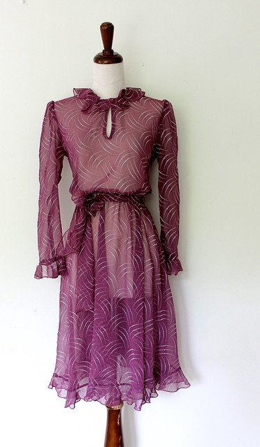Shooting Dots Sheer Ruffled Violet Dress, vintage 1970s