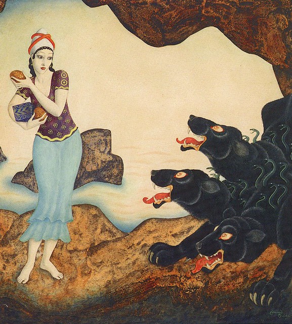 Edmund Dulac - Psyche and Cerberus, from Gods and Mortals in Love (1935)