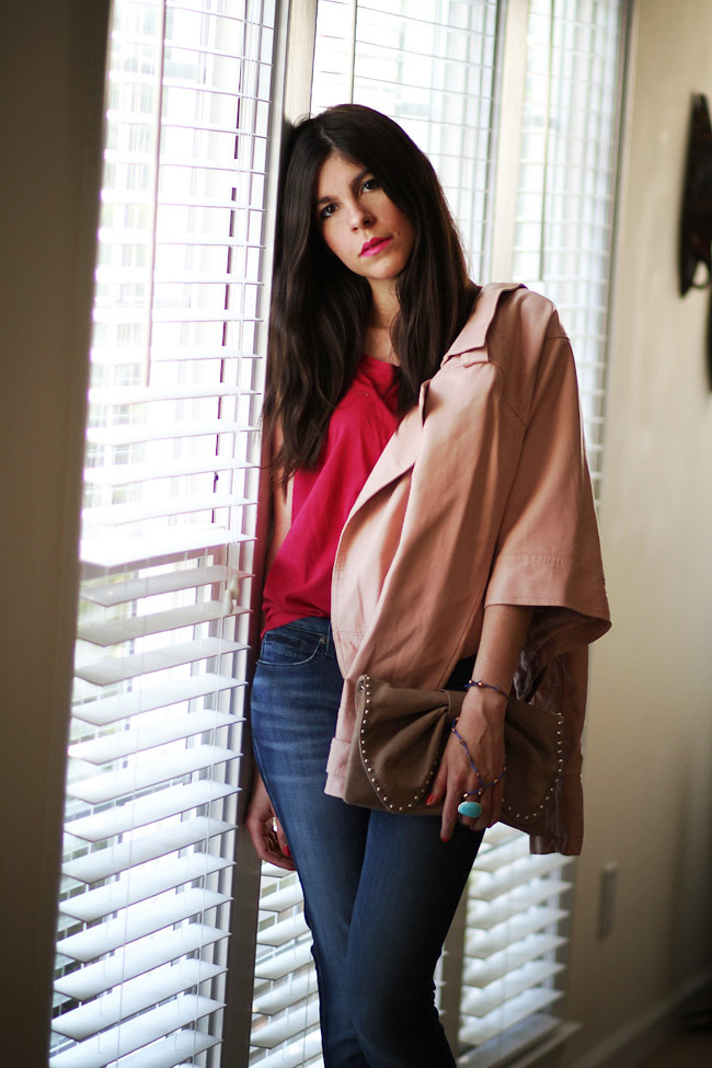 Bebe skinny jeans, Pink Leather Jacket, Fashion Outfit, Ippolita turquoise ring