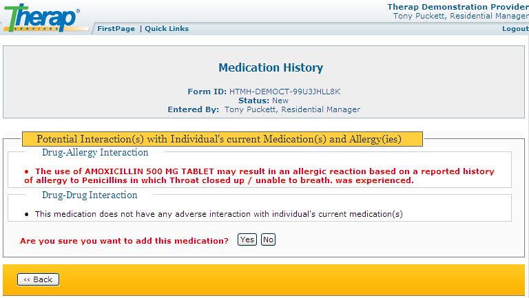 Screenshot of Medication History form showing Drug-Allergy Interaction and Drug-Drug Interaction