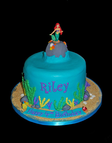 ocean scene birthday cake for a Little Mermaid themed party with customer topper