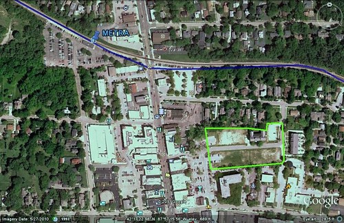 the SchoolStreet Homes site, with the commuter rail line and station noted (via Google Earth)