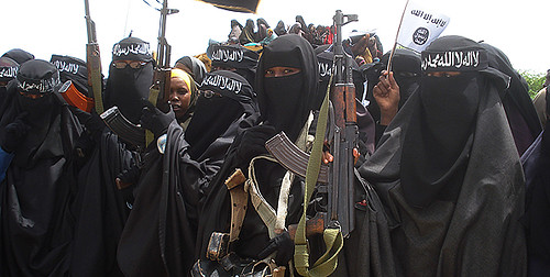Women from the Al-Shabab Islamic resistance movement hold a demonstration in the Somalian capital of Mogadishu. The country is a contested zone between US-backed TFG and AMISOM forces and the supporters of Al-Shabab. by Pan-African News Wire File Photos