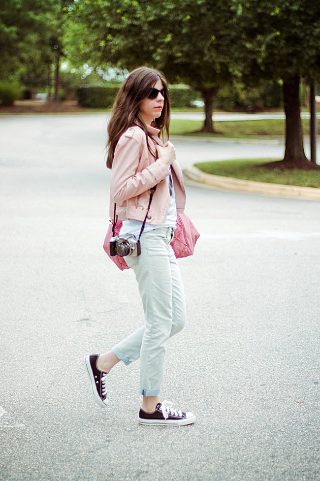 Pink leather jacket, Converse All Star Lo Top sneakers, Gap boyfriend jeans, Brashy Couture Tee, Fashion Outfit