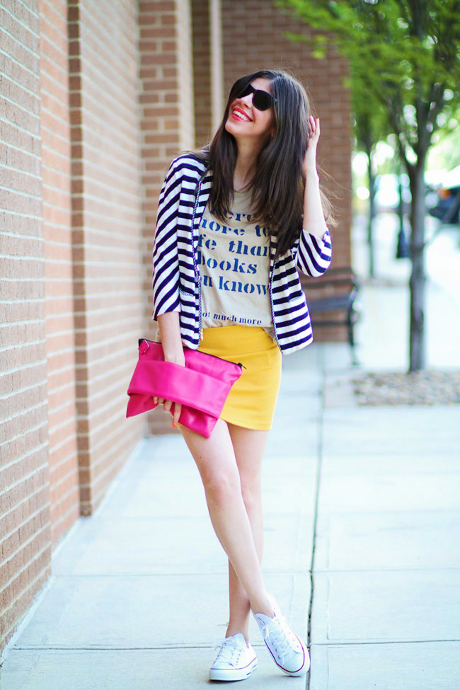 Stripes, Fashion Outfit, Bright Yellow Mini Skirt, Chuck Taylor Converse