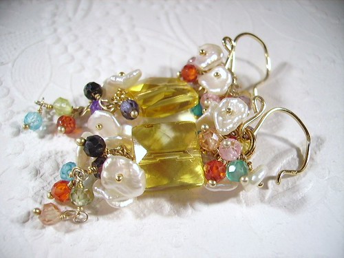 Yellow Quartz,mixed topaz, keishi pearls,vermeil, 14k gold filled Earrings by OBTP-Jewelry