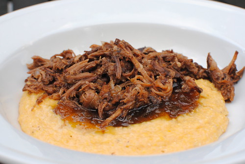 Cheesy Grits with Tomato Jam & Pulled Pork