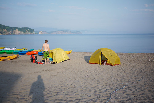 Camping on beach in front of Blue Holic Kayaks in Bikuni near Otaru, Hokkaido, Japan