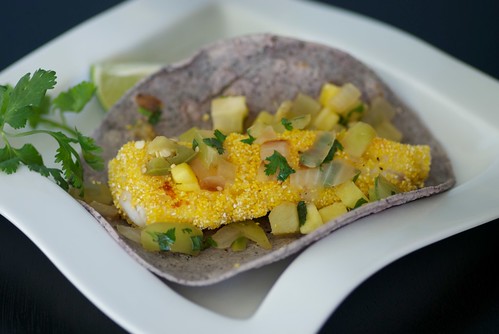 baked halibut fish tacos with pineapple-tomatillo salsa