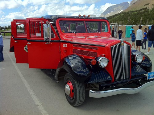 Red "Jammer" bus in Glacier National Park