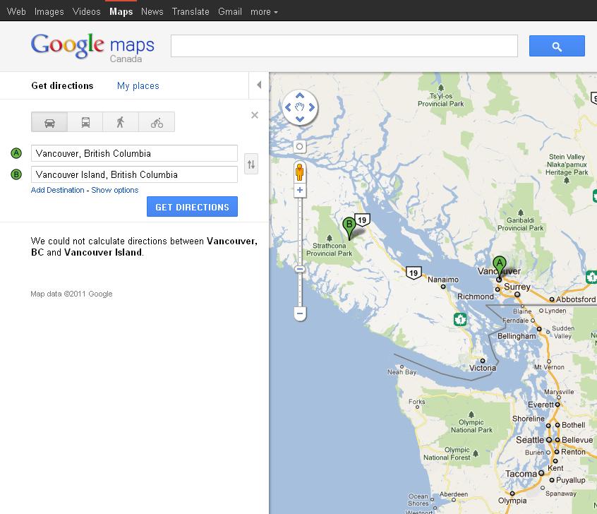 Google Maps - directions from Vancouver to Vancouver Island