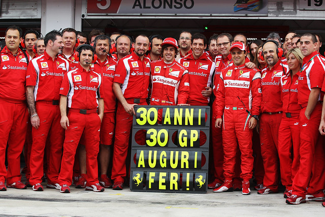 The Scuderia Ferrari team celebrating Fernando Alondo's 30th birthday and also his 30th Grand Prix with Scuderia Ferrari - the 2011 Hungarian Grand Prix