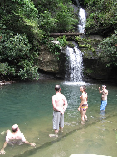 swimming and hanging out by the waterfall