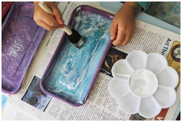 Painted and mod podge trays, kids art project