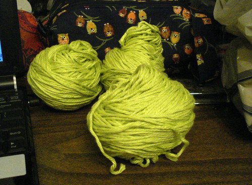 Knit Picks Shine worsted cotton modal green colour in centerpull balls