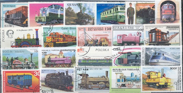 Známky - 100 rôznych, vlaky - železnice
