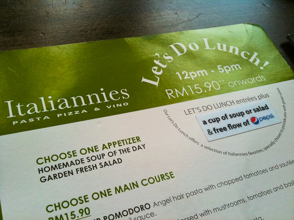 Italiannies Let's Do Lunch Menu