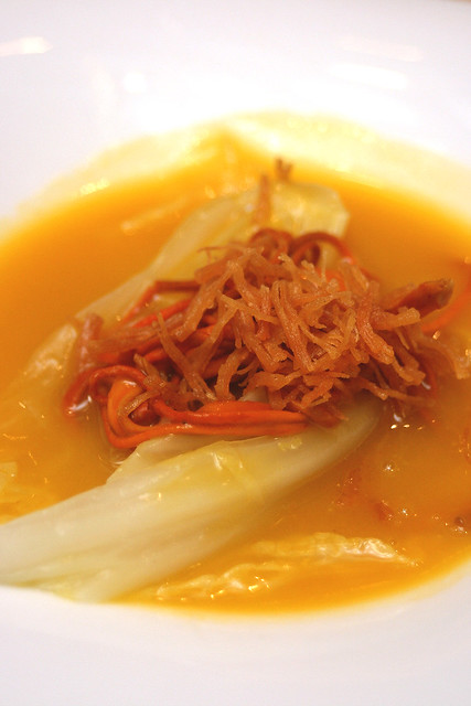Simmered Cabbage topped with Cordycep Flower in Pumpkin Soup