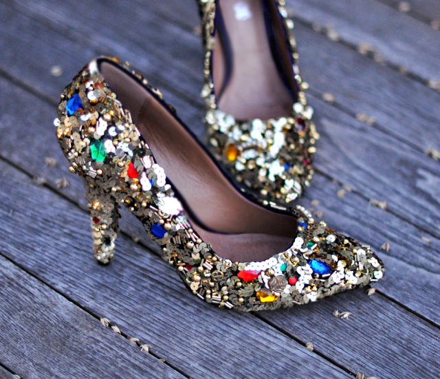 embellished heels + gold sequins and beaded shoes with gems