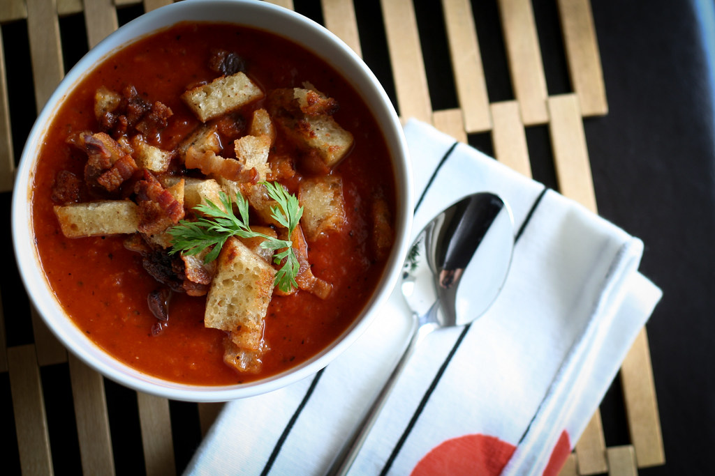 Tomato Carrot Soup with Bacon Croutons