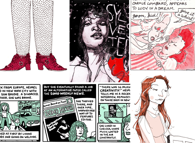 Five examples of illustration work from recent issues of Bitch magazine, including an illustration of legs in a pair of red shoes by Leslie A. Wood, a beautiful close-up of an illustration by Elisha Lim, a sample comic panel from Mimi Pond reading 'Carole Lombard appears to Lucy in a dream' about Lucille Ball, an illustration of Tori Amos by Rebecca Green, and some sample comic panels by Jen Sorensen