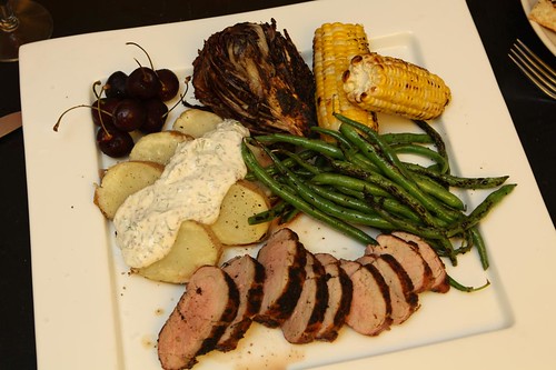 Grilled Pork Tenderloin, with Baked Potato Salad, Cherries, Grilled Radicchio, Grilled Corn, and Grilled Green Beans
