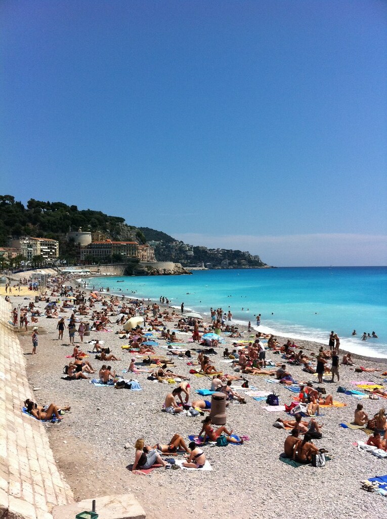 It's busy on the beach in downtown Nice