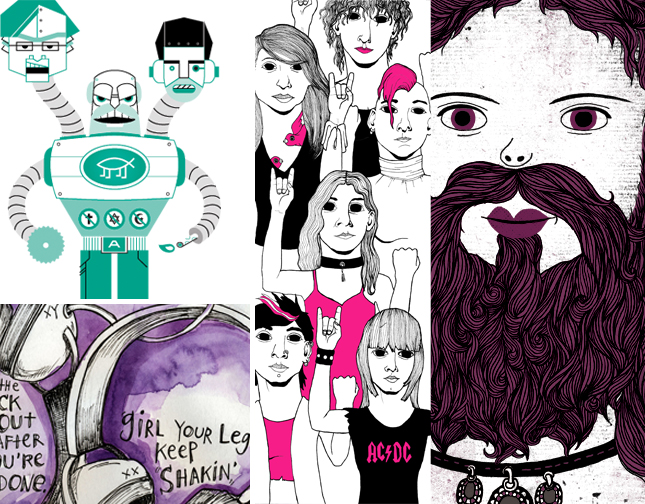 Four examples of illustration work from recent issues of Bitch magazine, including a graphic image of an Atheist Robot Man by Ryan Brown, a graphic illustration of young women at a rock show by Kristopher Pollard, a close-up of a bearded lady illustration by Yoswadi Krutklom, and a watercolor sketch by Wendy Macnaughton