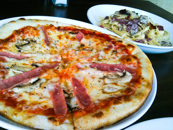 Ham & Mushroom Pizza and Classic Carbonara