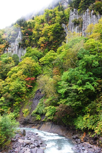 忠別川へ流れ落ちる紅葉の滝