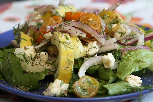 Poona Kheera Cucumber Salad with Dill, Feta, Red Onion and Cherry Tomatoes on Romaine