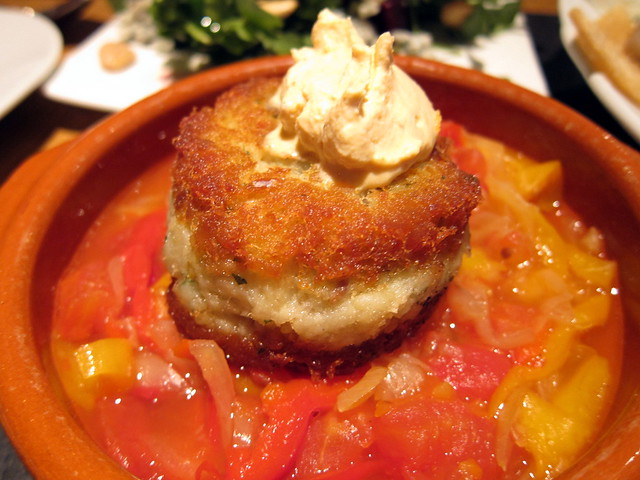 SALT COD CAKE WITH PIPERADE AND CHIPOTLE CREMA