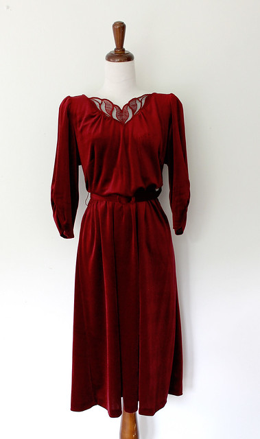 Blood Red Puff Sleeve Velvet Dress, vintage 1970s