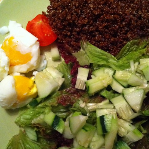 red quinoa, red leaf and cucumber salad with soft eggs