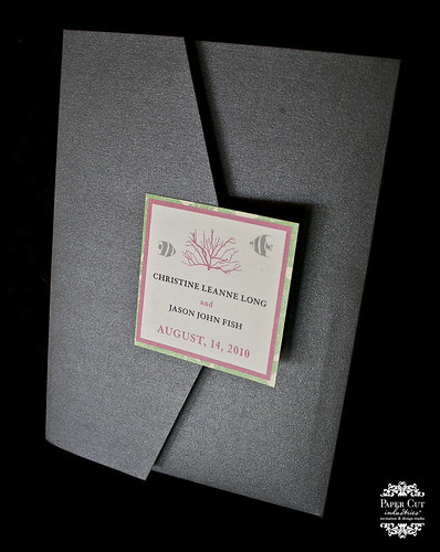 Grey Pink and green coral wedding invitation