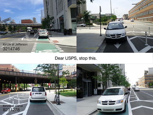 USPS vans blocking Kinzie protected bike lane