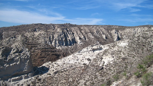Steep ravines have been carved into the Minoan deposits on Santorini. These are some of the more gentle ones, which have been terraced for agriculture, although the terraces are now disused.