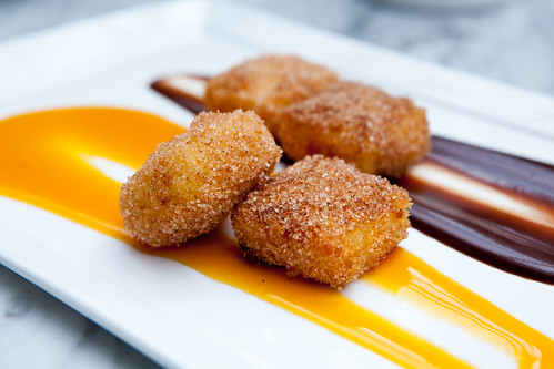 Fried Milk (leche frita) with Chocolate and Passion Fruit sauces
