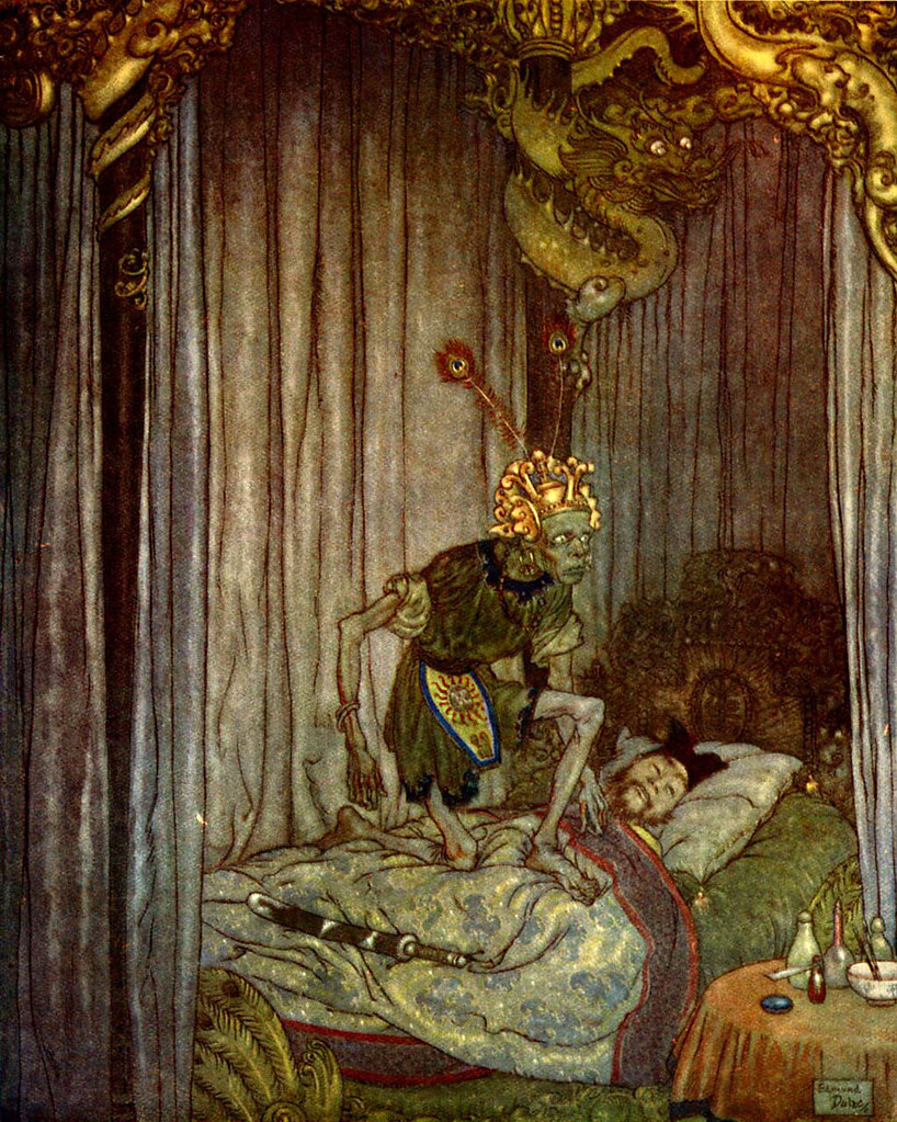 Edmund Dulac -  "Even Death himself listened to the song  and said, "Go on, little nightingale,  go on!" from the story "The Nightingale"  found in "Stories from Hans Andersen" (1911)